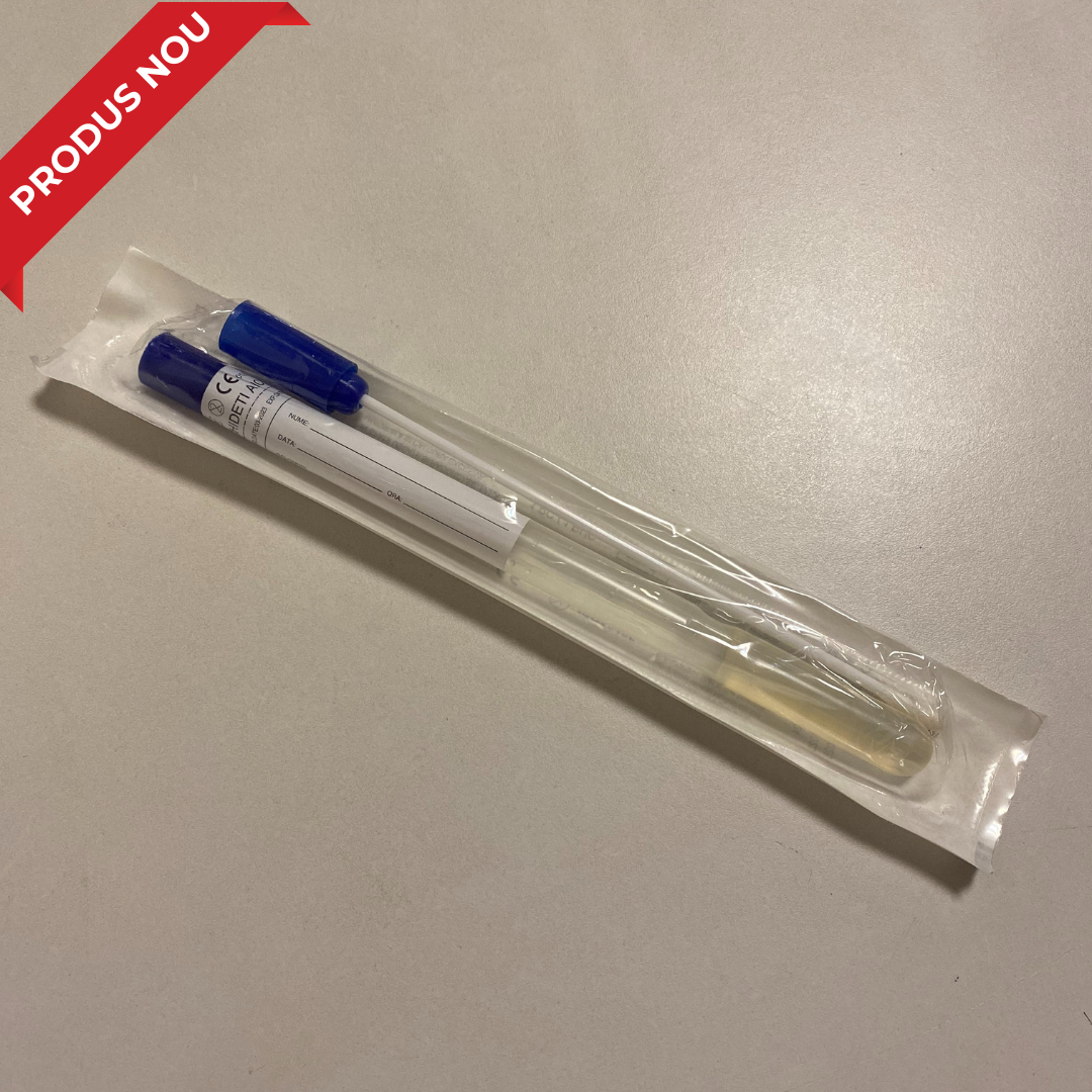 Recoltor exudat faringian cu mediu Amies, in tub, cu tija din plastic + bumbac, steril, ambalat individual la blister