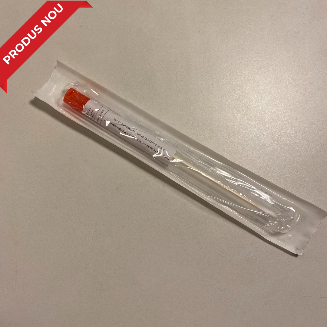 Recoltor exudat faringian, in tub, cu tija din lemn + bumbac, steril, ambalat individual la blister